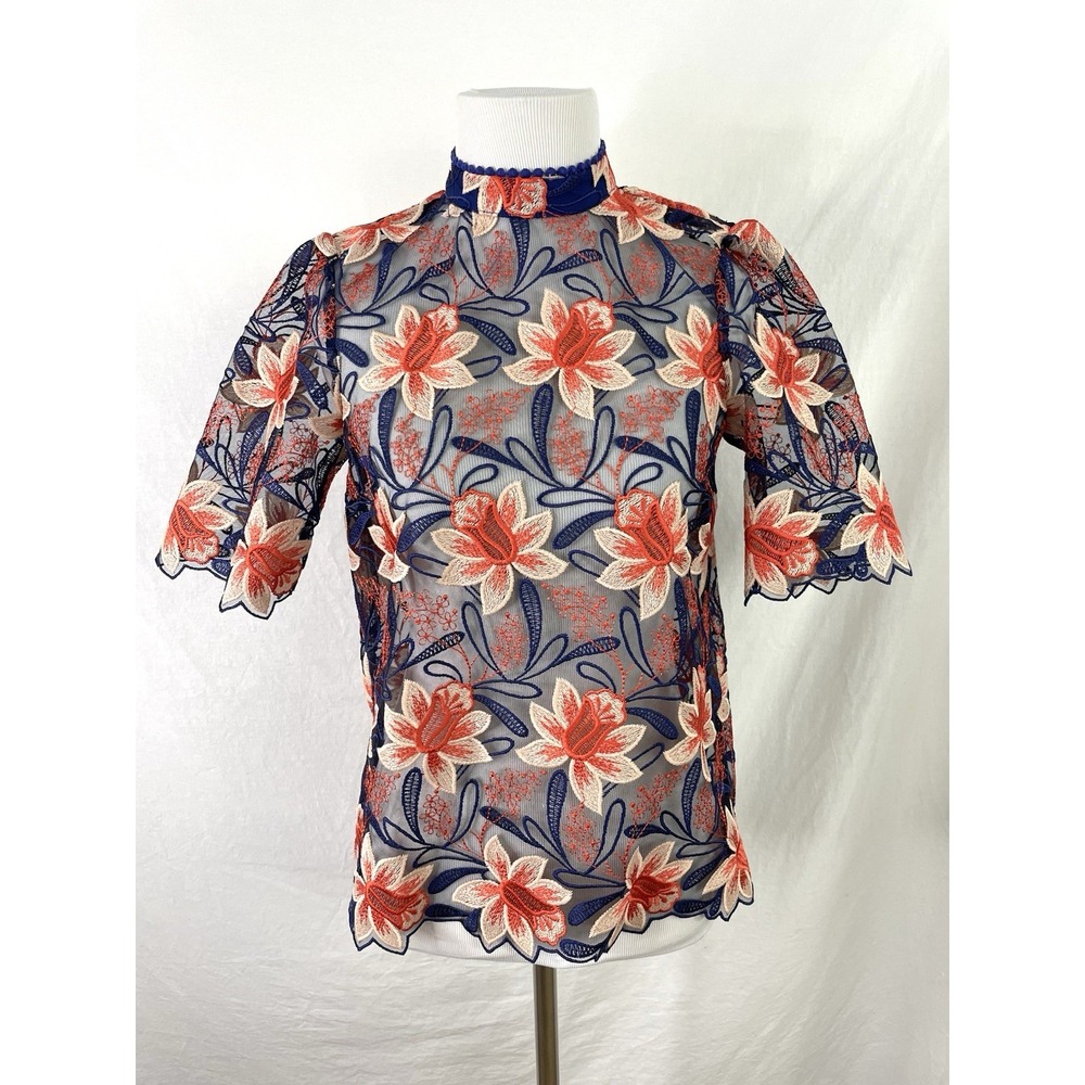 Anthropologie Top Womens 2 Mesh Embroidered Floral High Neck - Picture 1 of 8